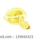 Hand drawn illustration with a yellow lemon and a half of a lemon. Yellow lemon on a white background for graphic design. Isolated colored pencil illustration on white background. 139692423