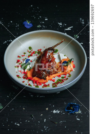 Artfully plated gourmet dish with vibrant garnish Artfully plated gourmet dish with vibrant garnish 139692697