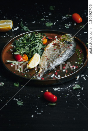 Freshly cooked fish dish, garnished with herbs and citrus Freshly cooked fish dish, garnished with herbs and citrus 139692706