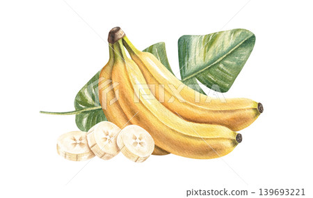 Bunch of bananas with peeled pieces and leaf watercolor illustration isolated on white background. Tropical fruit arrangement 139693221