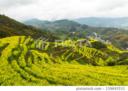 Beautiful terrace rice fields with small houses in China. Beautiful terrace rice fields with small houses in China. 139693531