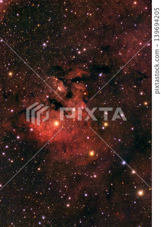 Deep space unfolds with a glowing red emission nebula, intricate dark dust lanes, and countless brilliant stars creating a spectacular cosmic display in the night sky. Deep space unfolds with a glowing red emission nebula, intricate dark dust lanes, and countless brilliant stars creating a spectacular cosmic display in the night sky. 139694205