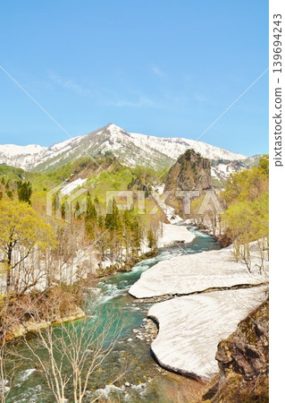 新潟縣魚沼市大白川源頭，皚皚白雪覆蓋的山毛櫸樹與蔥鬱的植被交相輝映－立賀岩景觀 139694243