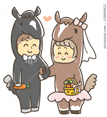 一場以馬為主題的婚禮,賓客們穿著馬匹服裝——一場賽馬主題婚禮 一場以馬為主題的婚禮,賓客們穿著馬匹服裝——一場賽馬主題婚禮 139694622