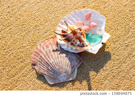 A sandy beach with seashells and sea glass. A sandy beach with seashells and sea glass. 139694875