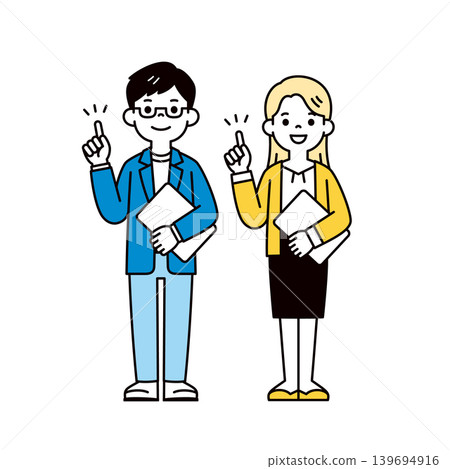 A set of full-body vector illustrations of a young male and female employee holding laptops and explaining key points. A set of full-body vector illustrations of a young male and female employee holding laptops and explaining key points. 139694916
