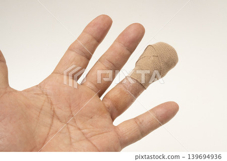 我左手的無名指受傷了,纏著繃帶。 我左手的無名指受傷了,纏著繃帶。 139694936