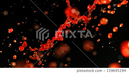 Red liquid splash isolated on black background resembling blood or red wine with realistic droplets for VFX overlay and cinematic visual effects Red liquid splash isolated on black background resembling blood or red wine with realistic droplets for VFX overlay and cinematic visual effects 139695294