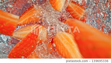 Fresh strawberries falling into sparkling water with bubbles and splashes. Vibrant red fruit macro photo, perfect for beverage, freshness, summer, cocktail and healthy lifestyle visuals. Fresh strawberries falling into sparkling water with bubbles and splashes. Vibrant red fruit macro photo, perfect for beverage, freshness, summer, cocktail and healthy lifestyle visuals. 139695336