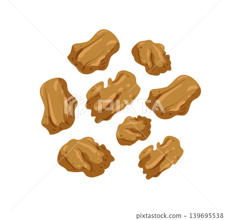 Cartoon vector illustration of walnut pieces isolated on a white background for nut snack and bakery ingredient design. Cartoon vector illustration of walnut pieces isolated on a white background for nut snack and bakery ingredient design. 139695538