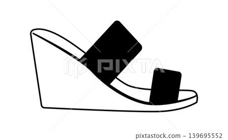 Black silhouette of wedge sandals with two wide straps and open toe. Vector illustration of modern summer footwear isolated on a white background. Black silhouette of wedge sandals with two wide straps and open toe. Vector illustration of modern summer footwear isolated on a white background. 139695552