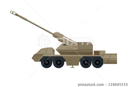 Flat vector illustration of a beige wheeled military artillery vehicle with long cannon, isolated on a white background for defense design. Flat vector illustration of a beige wheeled military artillery vehicle with long cannon, isolated on a white background for defense design. 139695555