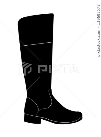 Black silhouette of womens tall riding boot with low heel. Vector illustration of classic equestrian footwear isolated on white background. Black silhouette of womens tall riding boot with low heel. Vector illustration of classic equestrian footwear isolated on white background. 139695578