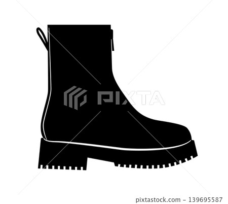 Silhouette illustration of ankle boots with side zipper and low heel with lug sole. Fashion footwear vector illustration isolated on white background. Silhouette illustration of ankle boots with side zipper and low heel with lug sole. Fashion footwear vector illustration isolated on white background. 139695587