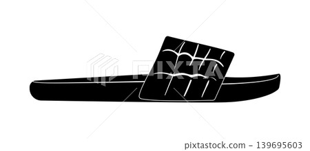 Black silhouette of slide sandals with wide strap upper. Vector illustration of casual summer footwear isolated on a white background. 139695603