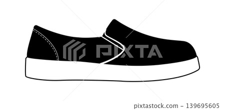 Black silhouette of casual slip on sneakers with thick sole. Simple vector illustration of laceless footwear isolated on white background. Black silhouette of casual slip on sneakers with thick sole. Simple vector illustration of laceless footwear isolated on white background. 139695605