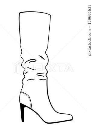 Outline vector illustration of womens slouchy boot with high heel and wrinkled shaft. Stylish fashion footwear isolated on white background. Outline vector illustration of womens slouchy boot with high heel and wrinkled shaft. Stylish fashion footwear isolated on white background. 139695632