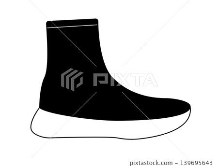 Black silhouette of platform ankle boots with elastic upper and thick sole. Vector illustration of modern fashion footwear isolated on a white background. 139695643