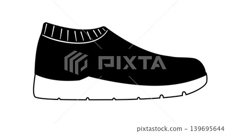 Black silhouette of sock sneakers with elastic ankle collar and thick sole. Vector illustration of modern athletic footwear isolated on a white background. Black silhouette of sock sneakers with elastic ankle collar and thick sole. Vector illustration of modern athletic footwear isolated on a white background. 139695644