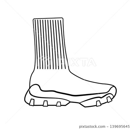 Line outline illustration of sock style sneakers with knitted ankle collar and thick sole. Vector illustration of modern sport footwear isolated on a white background. Line outline illustration of sock style sneakers with knitted ankle collar and thick sole. Vector illustration of modern sport footwear isolated on a white background. 139695645