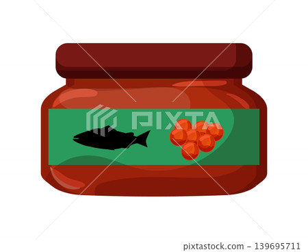 Cartoon vector illustration of red caviar in a glass jar isolated on a white background for seafood product design. Cartoon vector illustration of red caviar in a glass jar isolated on a white background for seafood product design. 139695711