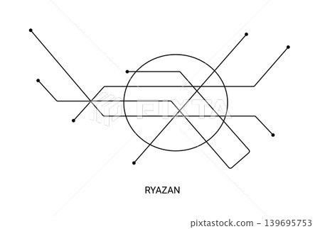 Minimal black and white vector illustration of an approximate Ryazan metro map with simple lines and station markers. Minimal black and white vector illustration of an approximate Ryazan metro map with simple lines and station markers. 139695753