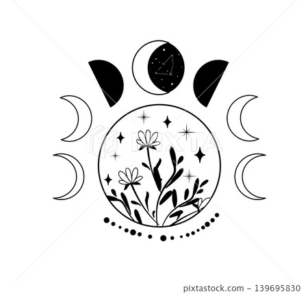Black and white vector illustration of moon phases with flowers, stars, and a circular botanical composition. Mystical celestial design for tattoo or print. 139695830