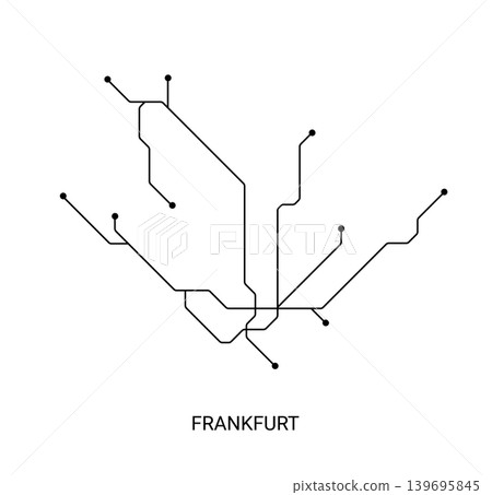 Minimal black and white vector illustration of an approximate Frankfurt metro map with route lines and station points. 139695845
