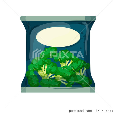 Cartoon vector illustration of frozen broccoli in plastic packaging isolated on a white background for food product design. Cartoon vector illustration of frozen broccoli in plastic packaging isolated on a white background for food product design. 139695854