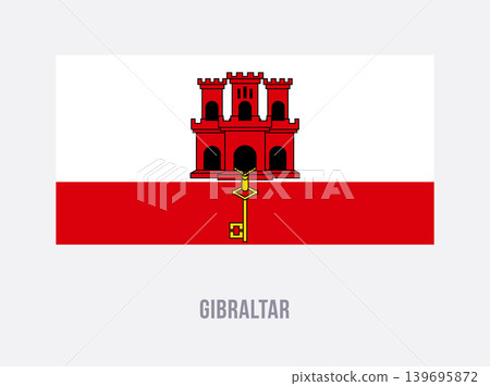 Flat vector illustration of the Gibraltar flag with white and red bands, red castle, and gold key for territory symbol design. Flat vector illustration of the Gibraltar flag with white and red bands, red castle, and gold key for territory symbol design. 139695872