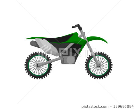 Cartoon vector illustration of a green dirt bike with spoked wheels and knobby tires, isolated on a white background for motorsport design. Cartoon vector illustration of a green dirt bike with spoked wheels and knobby tires, isolated on a white background for motorsport design. 139695894