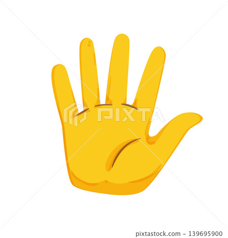 Flat vector illustration of a yellow hand showing a greeting gesture. Simple hand sign icon for hello, welcome, communication, or expression. 139695900