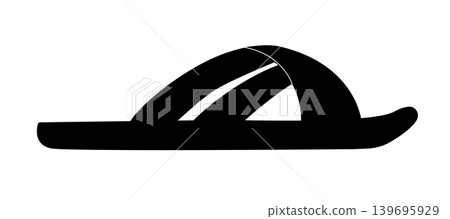 Black silhouette of a slide sandal with curved wide strap and flat sole. Vector illustration of simple summer footwear isolated on white background. Black silhouette of a slide sandal with curved wide strap and flat sole. Vector illustration of simple summer footwear isolated on white background. 139695929