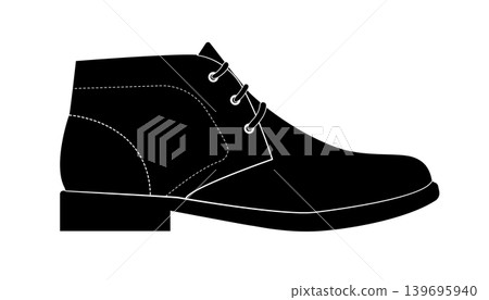 Black silhouette of classic derby boot with lace eyelets and ankle height design. Vector illustration of elegant mens footwear isolated on white background. 139695940