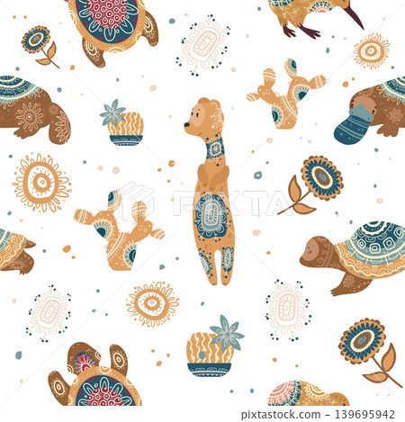 Seamless vector pattern with desert animals, cactus, flowers and ethnic ornaments for textile, wallpaper and surface design. Seamless vector pattern with desert animals, cactus, flowers and ethnic ornaments for textile, wallpaper and surface design. 139695942
