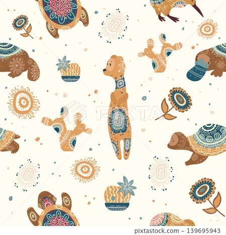 Seamless vector pattern with desert animals, cactus, flowers and ethnic ornaments for textile, wallpaper and surface design. Seamless vector pattern with desert animals, cactus, flowers and ethnic ornaments for textile, wallpaper and surface design. 139695943