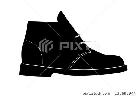 Black silhouette of classic desert boots with two eyelets and lace closure. Vector illustration of casual leather footwear isolated on a white background. Black silhouette of classic desert boots with two eyelets and lace closure. Vector illustration of casual leather footwear isolated on a white background. 139695944