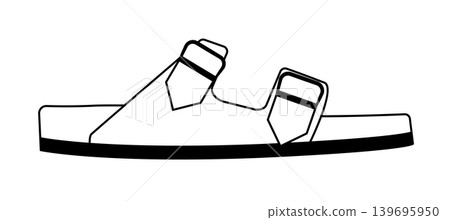 Line outline illustration of sandals with two adjustable buckle straps. Vector illustration of casual summer footwear isolated on a white background. Line outline illustration of sandals with two adjustable buckle straps. Vector illustration of casual summer footwear isolated on a white background. 139695950