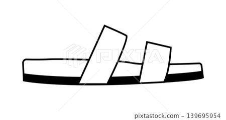 Minimal silhouette of an open sandal with two wide straps and flat sole. Vector illustration of summer casual footwear isolated on white background. 139695954