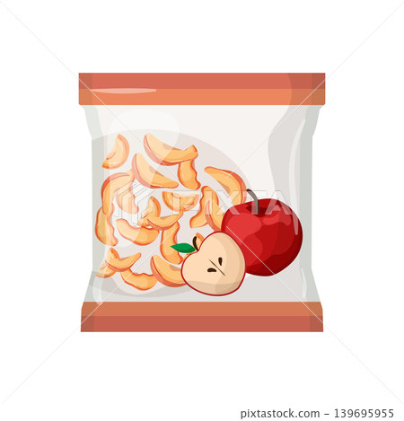 Cartoon vector illustration of dried apple slices in plastic packaging isolated on a white background for fruit snack design. 139695955