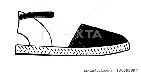 Line outline illustration of espadrille sandal with ankle strap and textured sole. Vector illustration of summer footwear isolated on a white background. 139695997