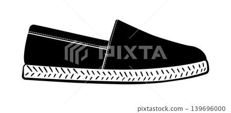 Black silhouette of casual espadrille shoe with textured sole. Vector illustration of lightweight summer footwear isolated on white background. Black silhouette of casual espadrille shoe with textured sole. Vector illustration of lightweight summer footwear isolated on white background. 139696000