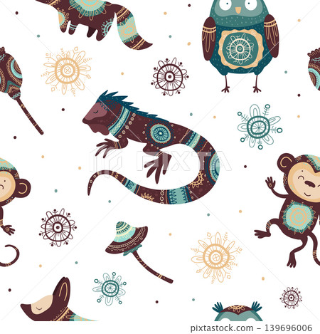 Seamless vector pattern with exotic animals, iguana, owl, monkeys and folk ornaments for fabric, wallpaper and surface design. Seamless vector pattern with exotic animals, iguana, owl, monkeys and folk ornaments for fabric, wallpaper and surface design. 139696006