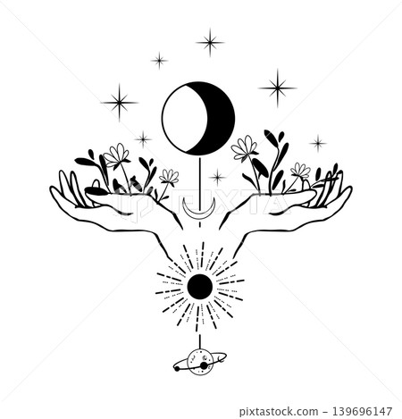 Black and white vector illustration of open hands with moon, sun, flowers, stars, and a small planet. Mystical celestial design for tattoo, print, or poster. 139696147