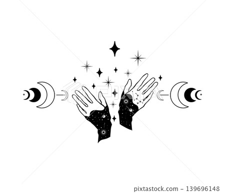 Black and white vector illustration of raised hands with moon phases and stars. Mystical celestial design for tattoo, print, poster, or spiritual emblem. 139696148