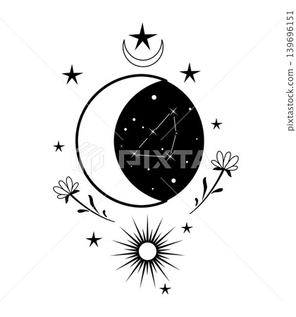 Black and white vector illustration of crescent moon, radiant sun, constellation, flowers, and stars. Mystical celestial design for tattoo, print, poster, or sticker. Black and white vector illustration of crescent moon, radiant sun, constellation, flowers, and stars. Mystical celestial design for tattoo, print, poster, or sticker. 139696151