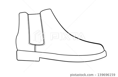 Outline silhouette of classic chelsea boot with elastic side panel. Vector illustration of minimal ankle footwear isolated on white background. Outline silhouette of classic chelsea boot with elastic side panel. Vector illustration of minimal ankle footwear isolated on white background. 139696159