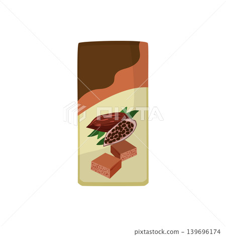 Cartoon vector illustration of chocolate packaging with cocoa pods isolated on a white background for dessert food design. Cartoon vector illustration of chocolate packaging with cocoa pods isolated on a white background for dessert food design. 139696174