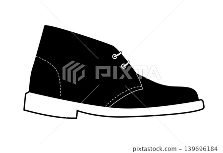 Black silhouette of chukka style desert boots with lace closure and thick sole. Vector illustration of casual footwear isolated on a white background. Black silhouette of chukka style desert boots with lace closure and thick sole. Vector illustration of casual footwear isolated on a white background. 139696184