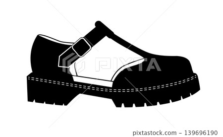 Black silhouette of chunky Mary Jane shoes with buckle strap and thick sole. Vector illustration of modern fashion footwear isolated on a white background. 139696190
